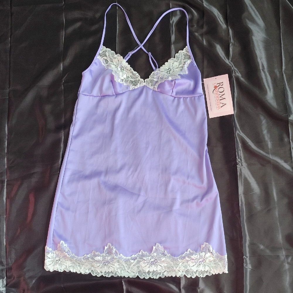 Roma Women's Lavender Satin Slip Dress with Lace Trim